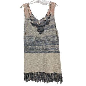 Vintage Y2K BKE Womens BOHO Mini Dress Large Beige Sleeveless Fringe Cottagecore